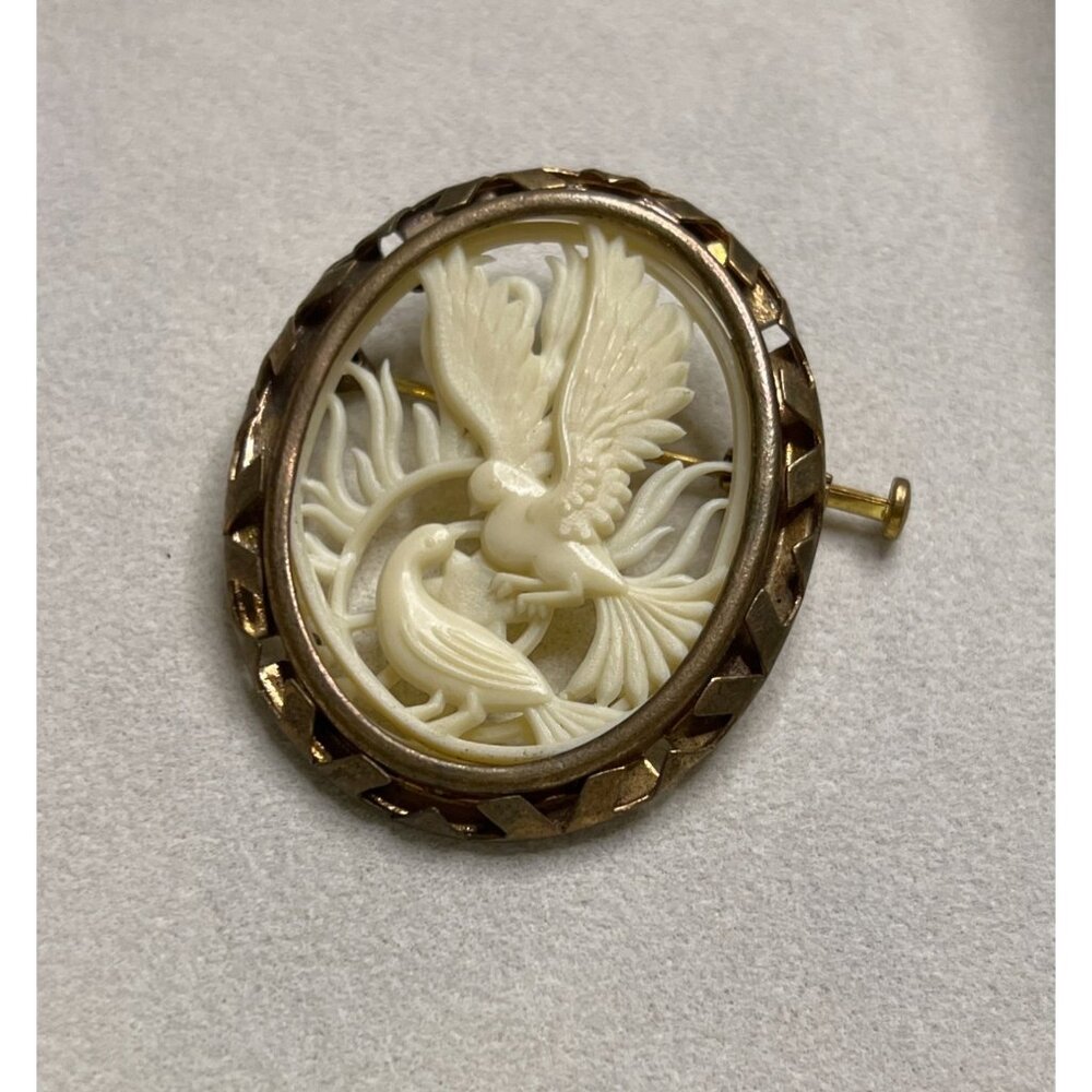 Vintage French Carved Celluloid Bird Brooch Phoenix Marked FRANCE DEPOSE Pin